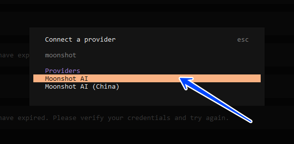 OpenCode provider dropdown: choose Moonshot AI (not Kimi Coding) for the same API key